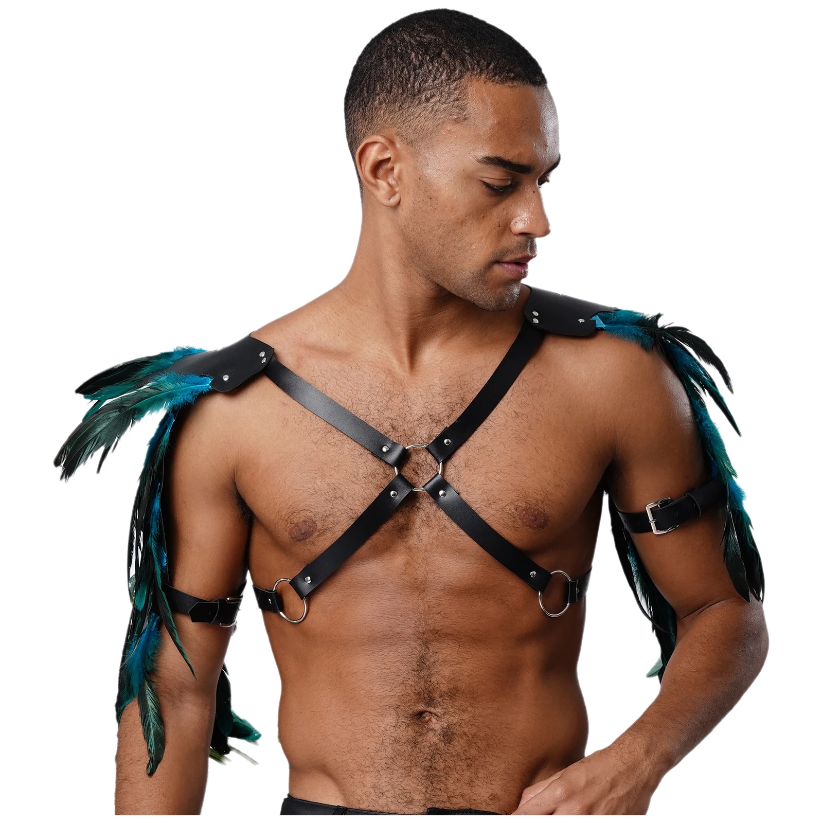 Armure d'épaule en plumes pour hommes, Punk médiéval, Rivets en cuir PU, joint torique, sangle de poitrine gothique Viking, harnais, accessoire de Cosplay d'halloween