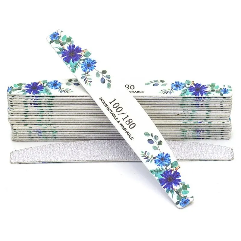 【Hot sales】Pink Rose Wooden Grit Nail Files,Half Moon White Sandpaper Nail Art Files,Washable Thick Polishing Manicure