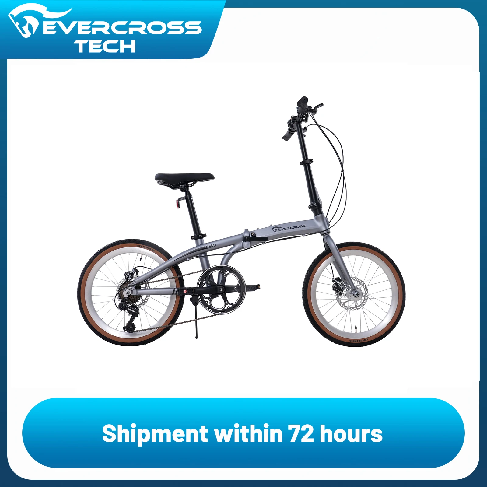 EVERCROSS TECH 20-Zoll-Klapprad – 7 Gänge – Rahmen aus ultraleichtem Aluminium – Scheibenbremse – EM1
