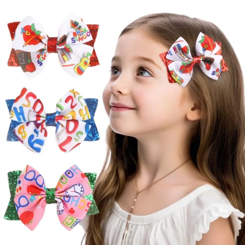 

ncmama 2Pcs Glitter Pencil Printing Hair Bow Clip Hairpin for Kids Girls Back To School Hair Accessories Barrettes Kids Headwear