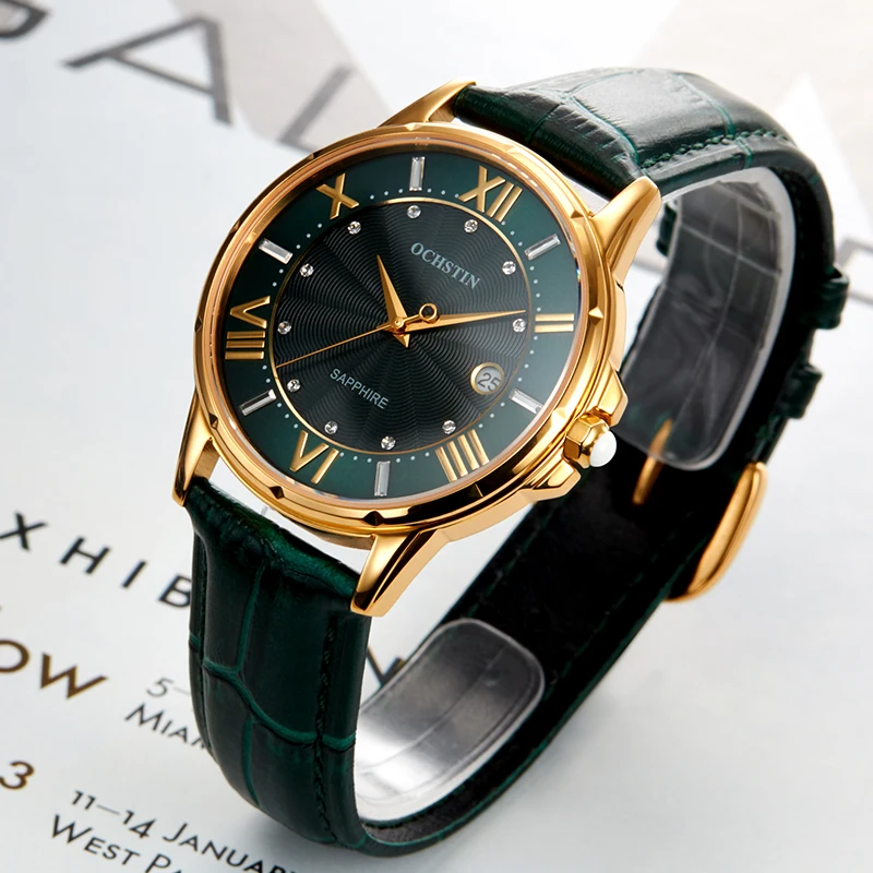 OCHSTIN Quartz Women Watches Luxury Slim Japan Movement Date Gold Green Leather Ladies Business Clock Waterproof Montre Femme