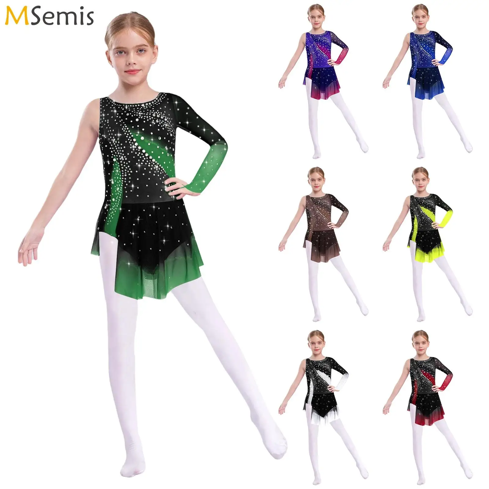 

Детский комбинезон с блестящими стразами для девочек, балетный комбинезон для лирических танцев, разделенный костюм для художественной гимнастики, фигурного катания, танцевальный костюм для выступлений