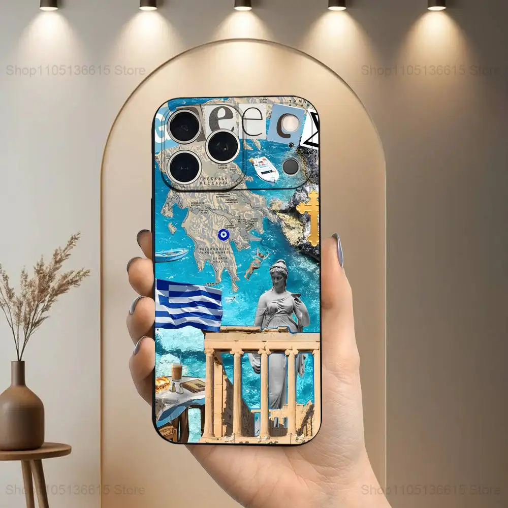 Funda de teléfono griega Aegean Sea Art para iPhone 17,16,15,14,13,12,11 Plus,Pro Max,XS,X,XR,SE,Mini,8,7, funda negra de silicona suave