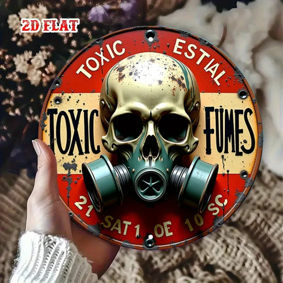 GASMASK レコード SKELETON RECORDS 2D Metal Sign Toxic Fumes Skeleton Gas Mask Vintage Rustic Punk
