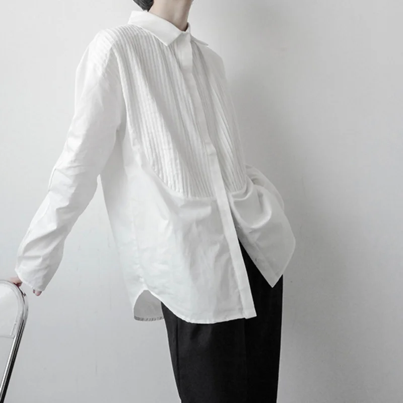 Men's 2022 Korean Style White Black Long Sleeve Shirt Loose fit Lapel Single Breasted Solid Color Split Casual Tops