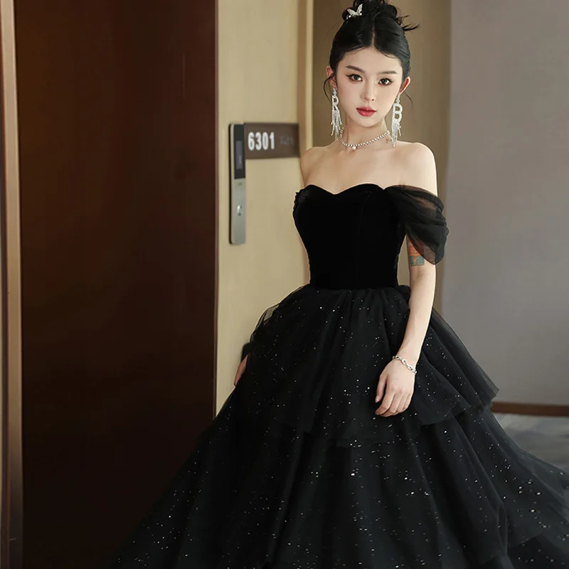 It's Yiiya Evening Dresses Black Velvet Bling Tulle Short Sleeves Tiered A-line Floor Length Plus size Women Party Formal Gowns