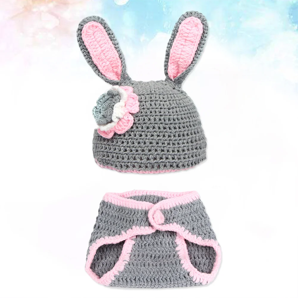 

Newborn Baby Rabbit Photo Props Outfits Set Knit Crochet Hat Pant Pink Gray Baby Photography Props Infant Costume