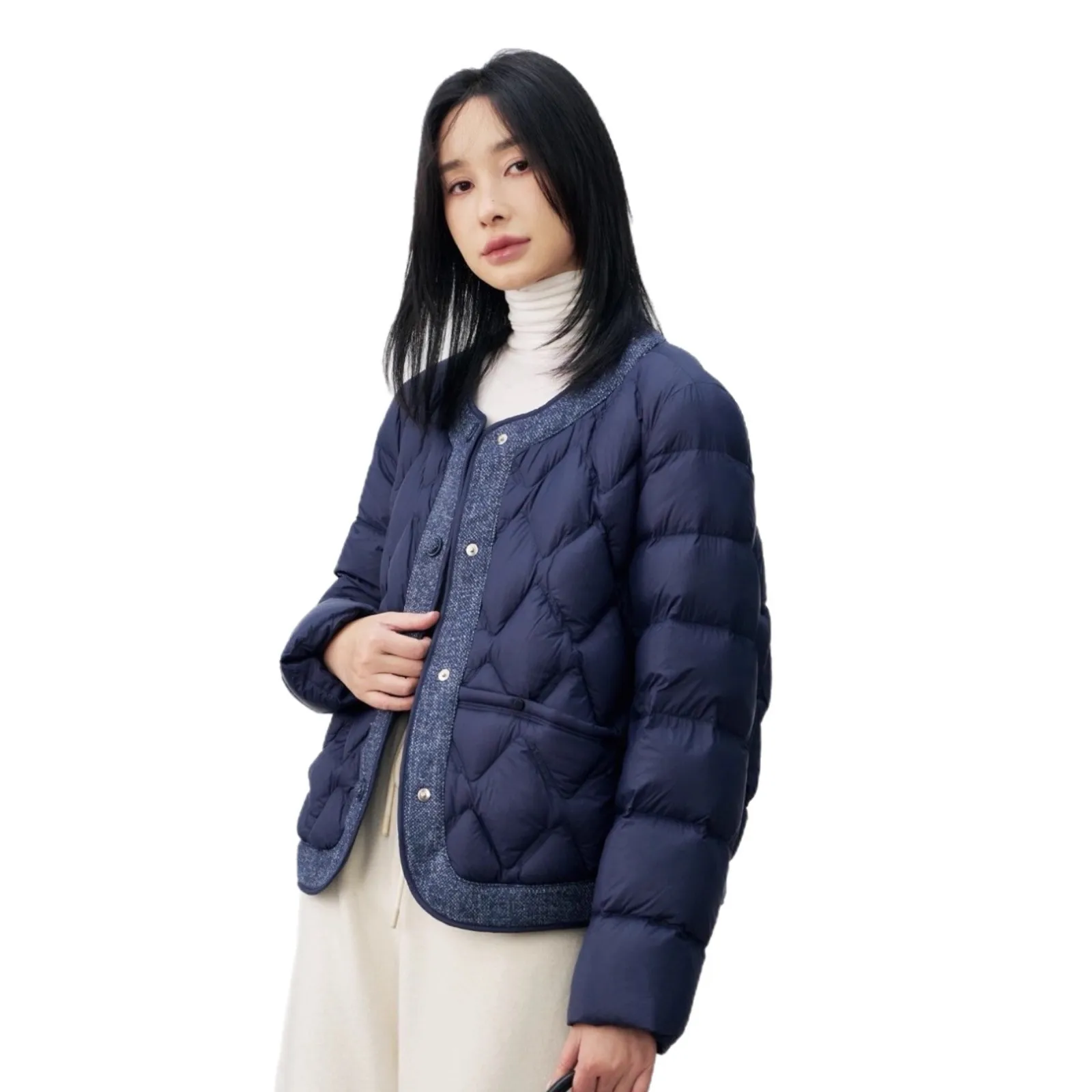 Autumn and Winter Fashion Women's Down Jacket Commuter Splicing Round Neck Short Jacket