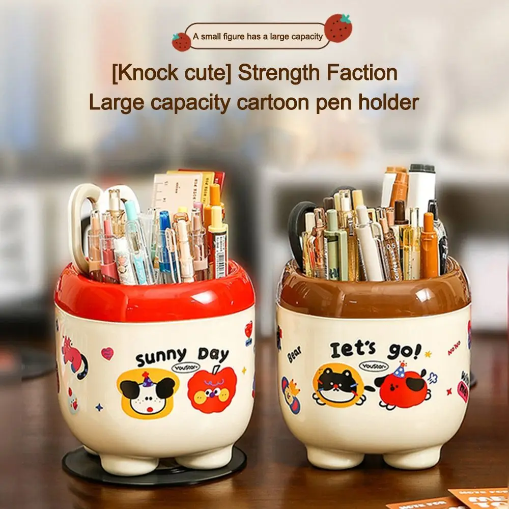 Cute Multi Grid Penholder Cartoon Pattern Large Capacity Table Storage Box with Stickers Makeup Brush Organizer Box