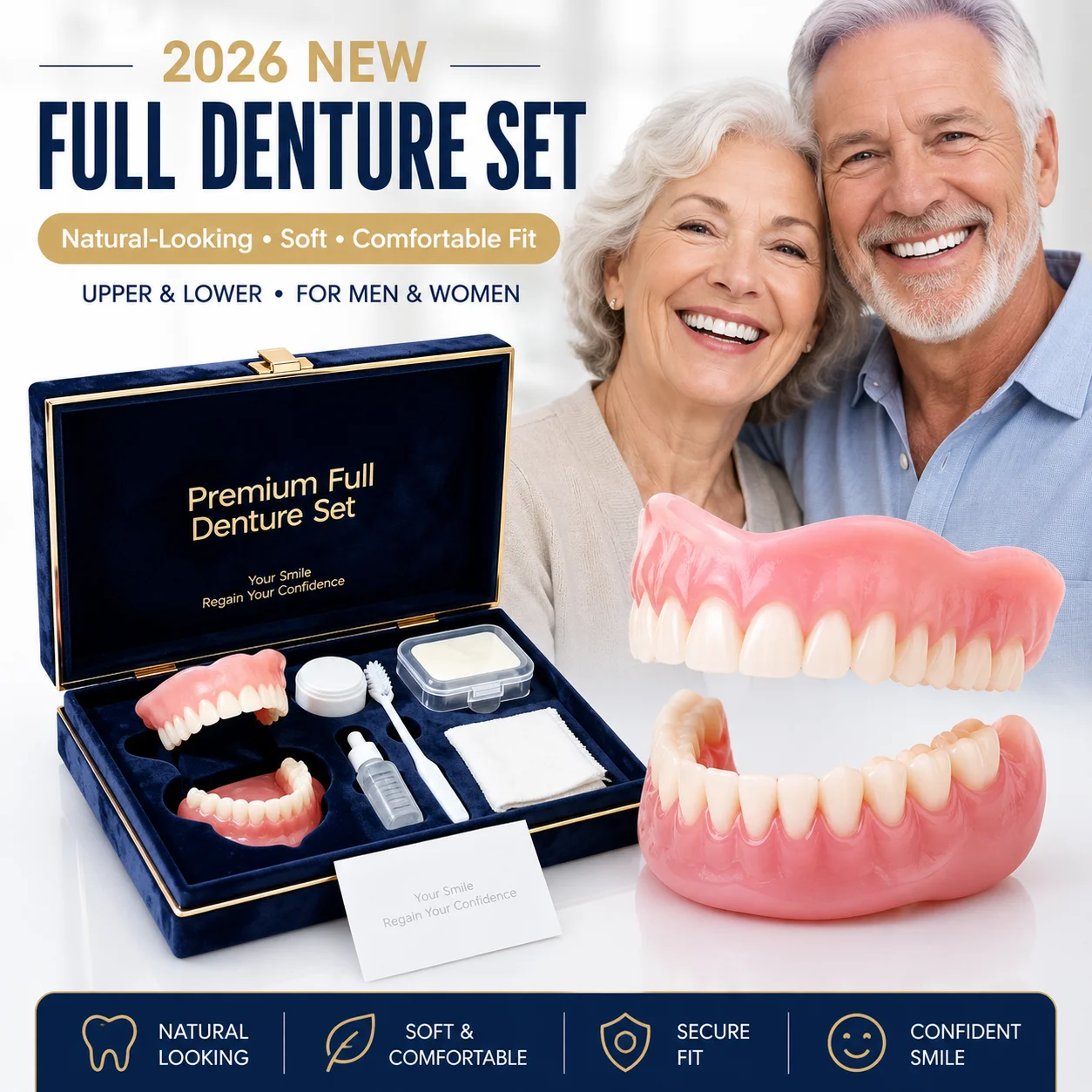 Professional Complete Full Mouth Denture Set (Upper & Lower) Instant Smile Veneers Natural-Looking Portable for Comfortable Fit