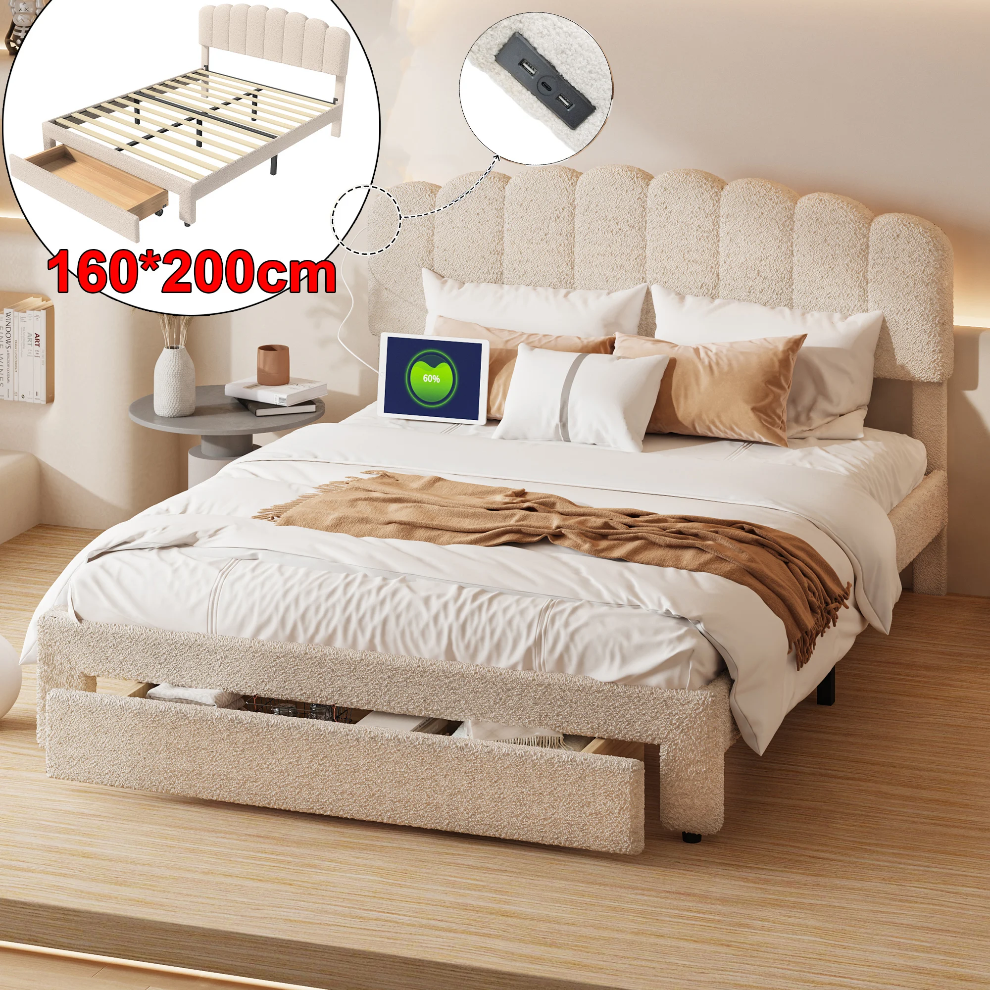 Upholstered Double Bed 160x200cm with Drawers,with slatted frame and USB charging Stations,Storage Bed,Teddy Velvet Fabric,Beige