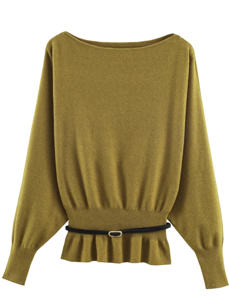

Casual Solid Belt Knitted Top Women Fashion Long Sleeved Round Neck Waist Cinching Pleated Tops 2026 Lady Chic High Street Wear