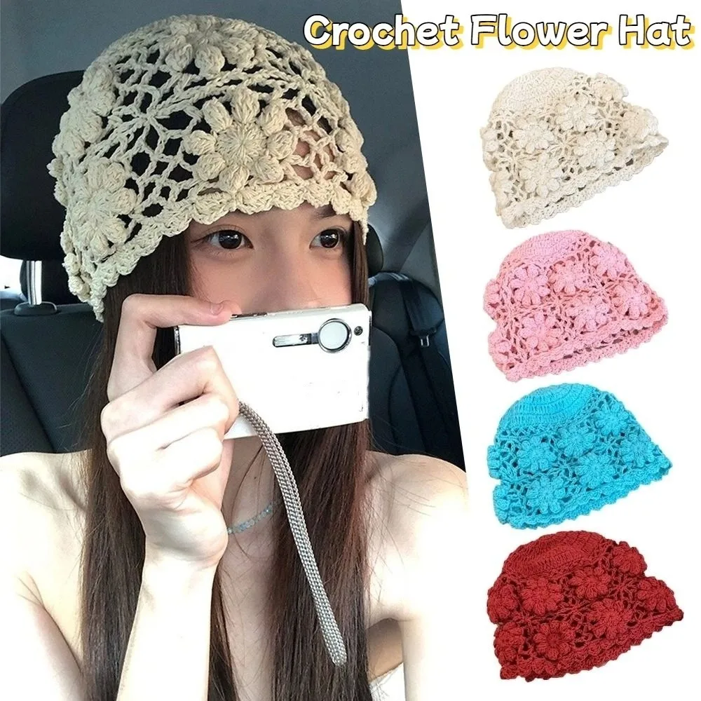 

Korean Handmade Crochet Flower Hat Hollow Weave Knit Basin Caps Women Sweet Beanies Cap Streetwear
