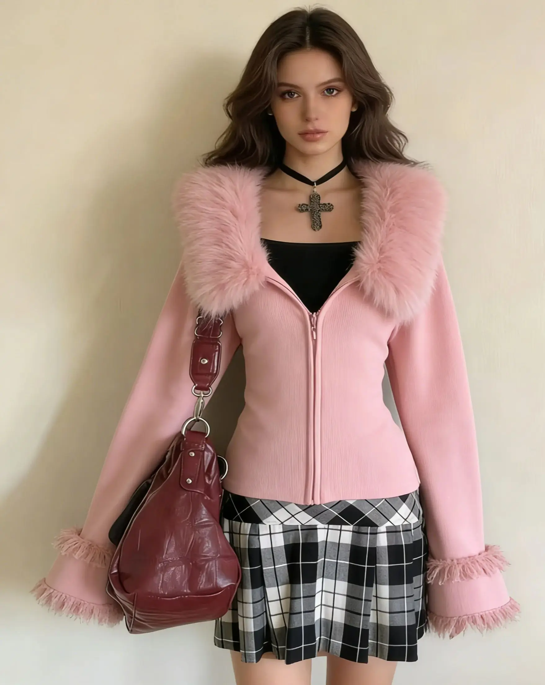 

Hairy collar women's zipper retro fashion casual sweet fairy spicy girl high street fashion Harajuku style beautiful sexy girl