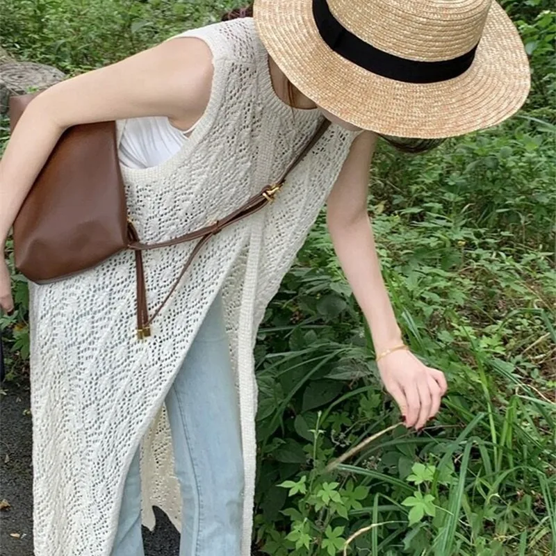 Women Summer Sleeveless Thin Knit Sweater Bohemian White Hollow Out Pullover Smock Fashion Trend Outwear Layering Long Knitwear