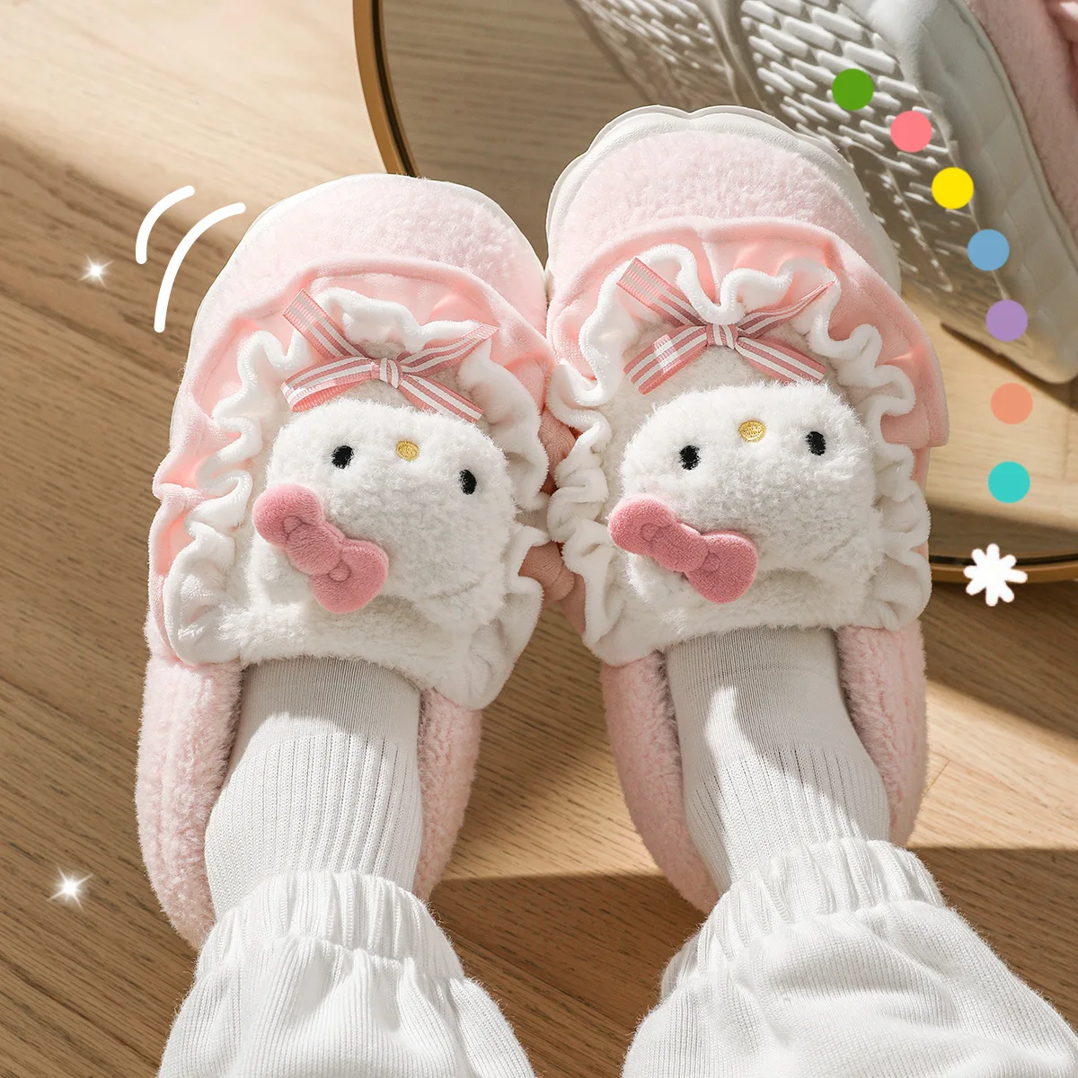 

Kawaii Kuromi Slippers Cute Cinnamoroll HelloKittys Cotton Fuzzy Slippers My Melody Women's Winter Velvet Warm Home Shoes Gifts