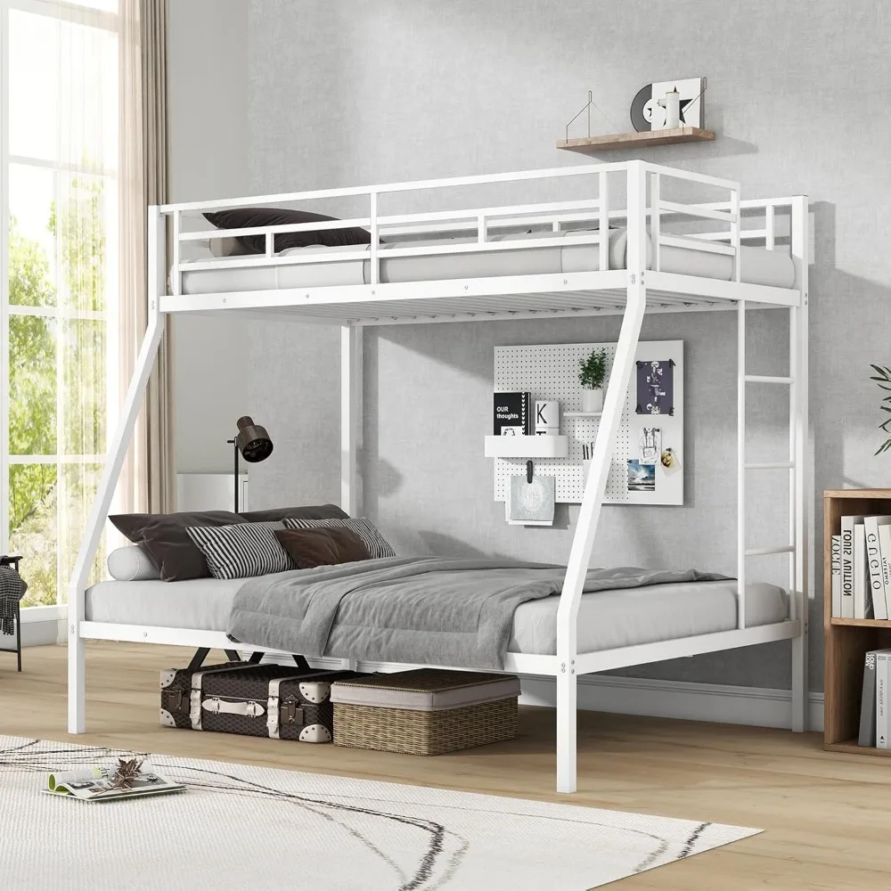 سرير معدني مزدوج فوق سرير بطابقين كامل، إطار سرير عالي التحمل مع سلم متكامل، واقي كامل الطول للمراهقين والبالغين، #4