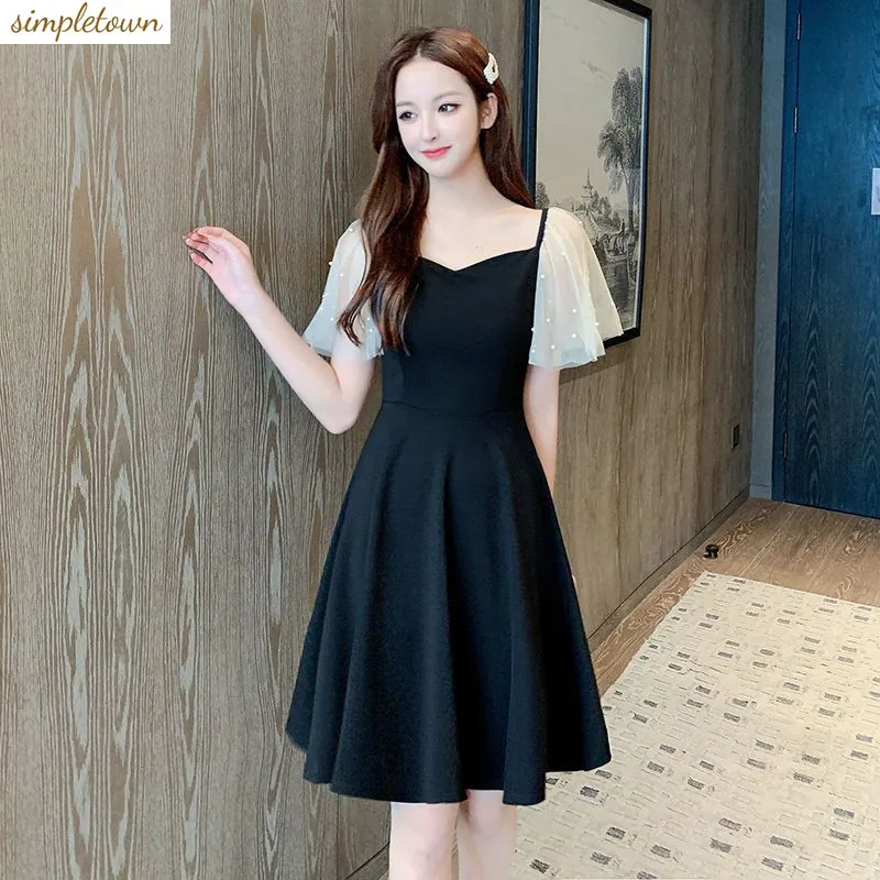 Lace Patchwork Hepburn Style Waistband Slimming Dress 2024 Summer New Sexy Feminine Date Mini Black Dress