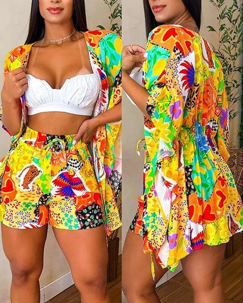 2 peças conjuntos de mulheres allover imprimir aberto parte superior & shorts conjunto 2023 casual terno feminino verão praia