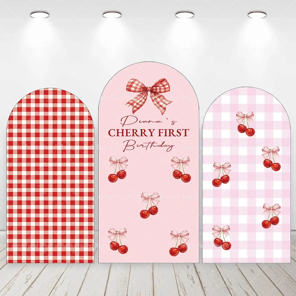 

Фон с аркой Mehofond, персонализированный вишневый первый день рождения, красный бант, детский декор для дня рождения, студийный фон для фотосъемки