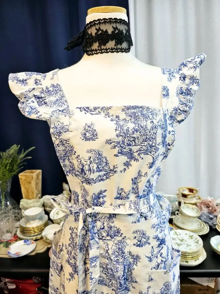 

Summer Print Cotton Women's Ruffled Apron for Kitchen Garden Cross-back Pleated Apron Work Pinafore for Cooking Baking Cleaning