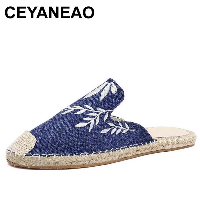 

CEYANEAO Summer and autumn new round head hemp rope embroidery fisherman shoes lazy shoes women half slippers casual breathable