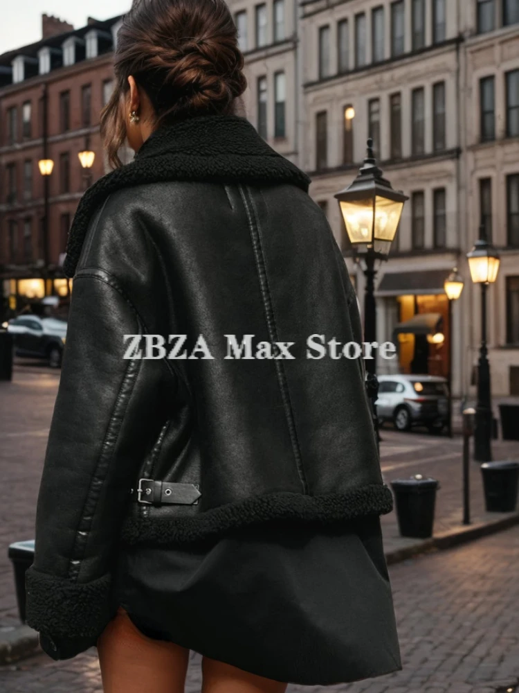 ZBZA Women Thick Warm Motorcycle Jacket Lapel Front Zippered Pockets Solid Loose Faux Leather Short Outerwear Winter Chic Coat