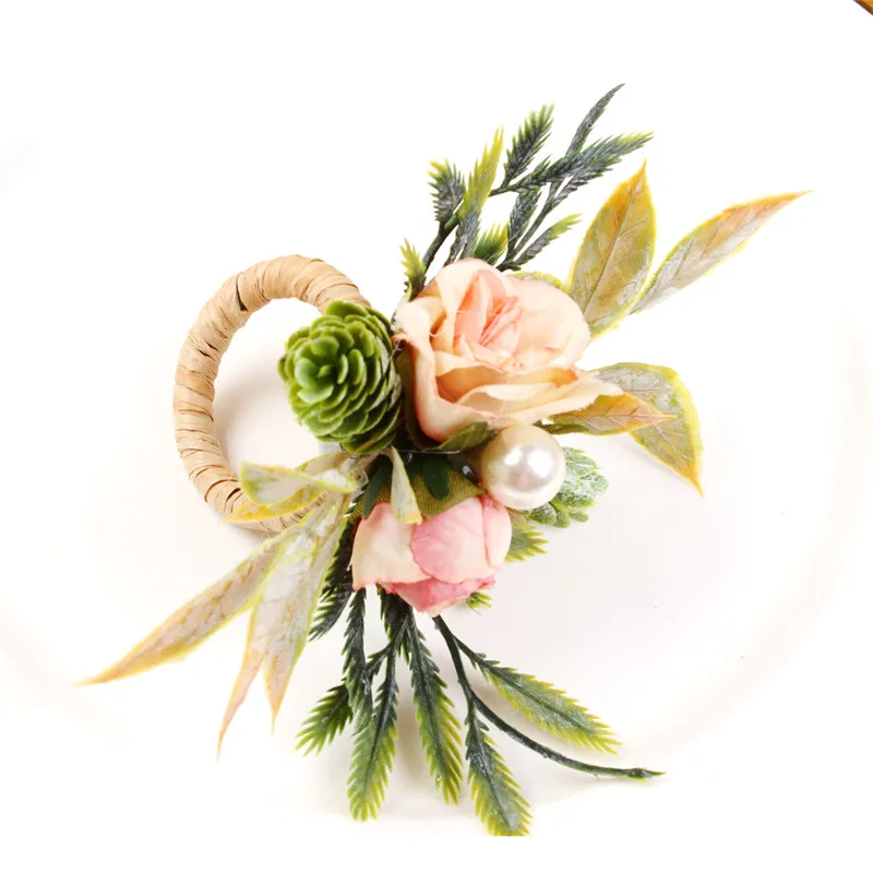 Hebilla de servilleta navideña, decoración de mesa, anillo de servilleta de rosa, simulación de doble rosa hecha a mano, decoración de mesa de flores DIY