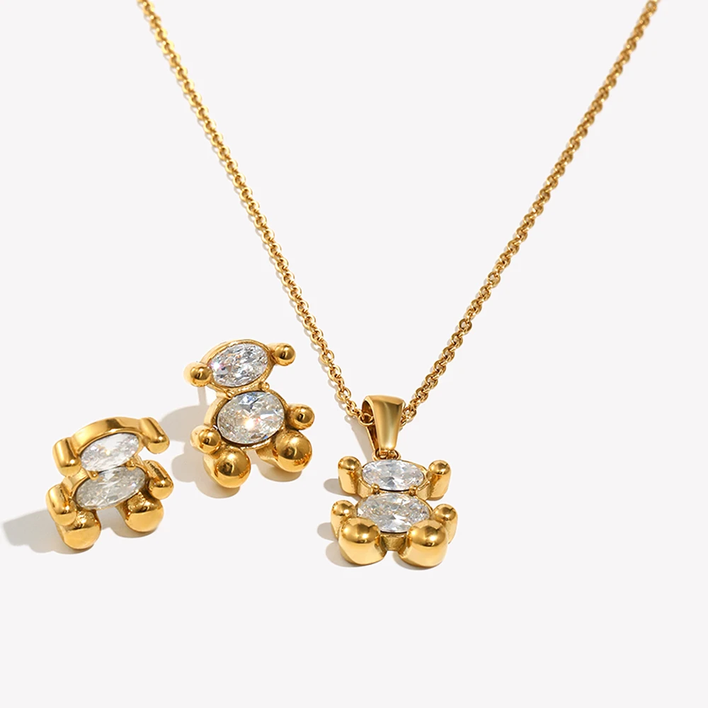 E.B.belle Cute Bear Jewelry Set Gold Plated Sitting Bear Zircon Necklace Stud Earring Smooth Edge Versatile Style Jewelry
