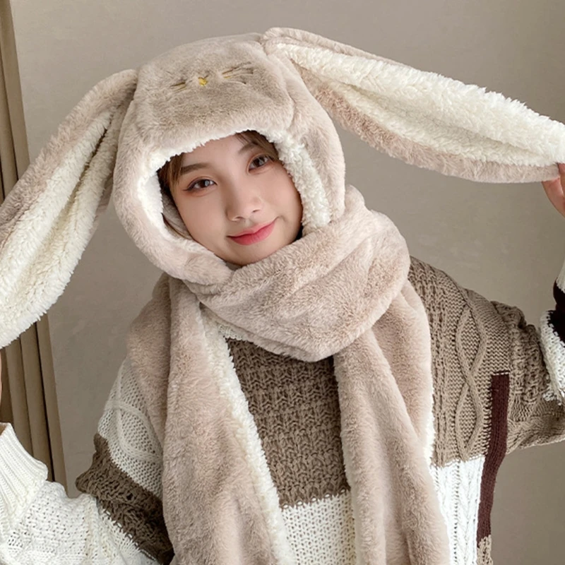 

Sweet Long-eared Rabbit Hat Scarf Gloves Winter Warm Plush Hat Hoodie Gift for Halloween Christmas New Year Thanksgiving