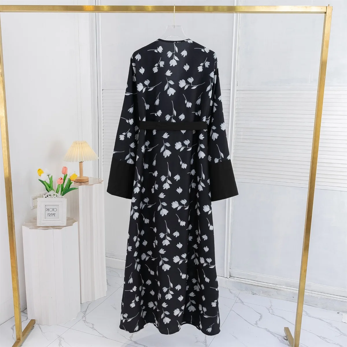 Muslim Printed Floral Open Front Abaya women Long Sleeve Maxi Length Dress With Belt Women\'s Clothing Kaftans Women Jilbabs