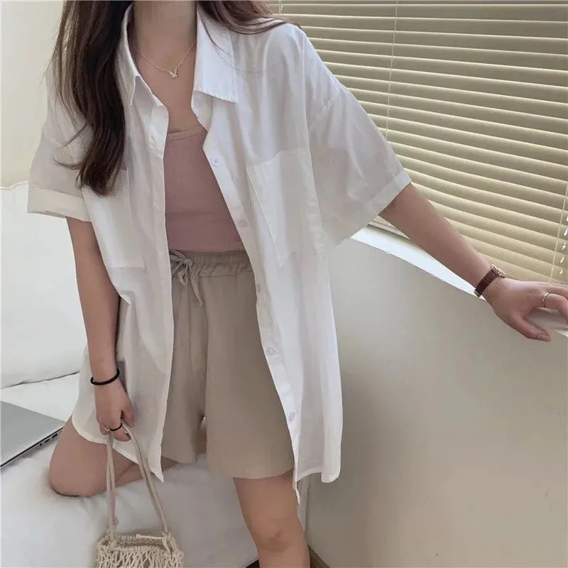 Lucyever Summer White Shirt Women Harajuku Loose Students Short Sleeve Shirts Woman Casual All-Match Buttons Up Lapel Blouse