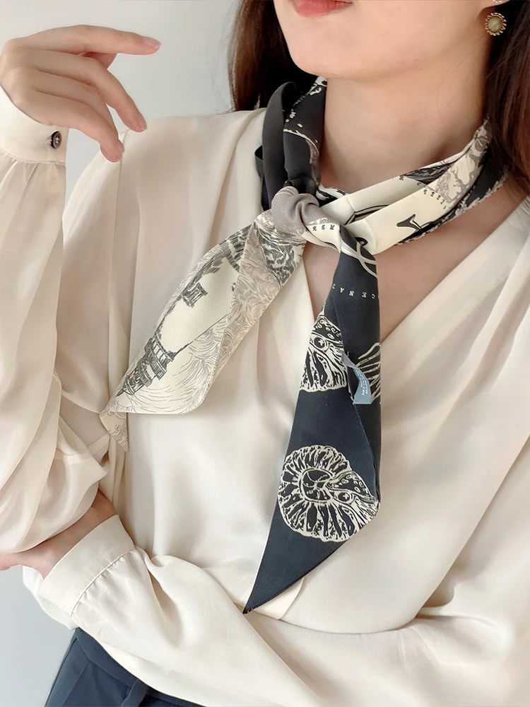 

KALIIYA Original Hand-Painted High-Definition Black White Vintage Silk Long Scarf Real Silk Worm-Silk Scarf Gift