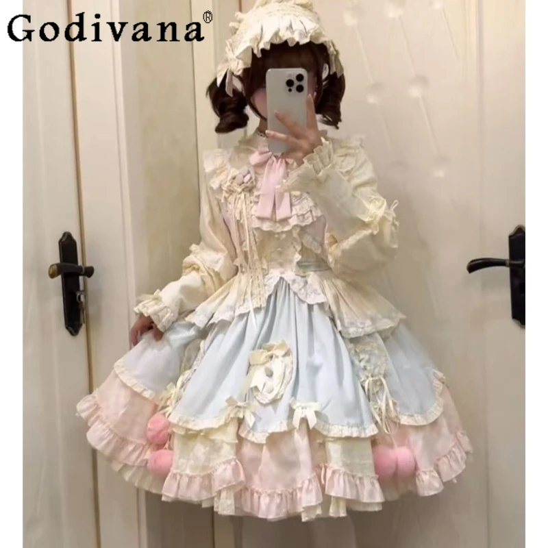 

Blue Pink Cute Sweet Dress for Women Long Sleeve Lolita Short OP Dress Female Japanese Style Princess Lolita Daily Dress