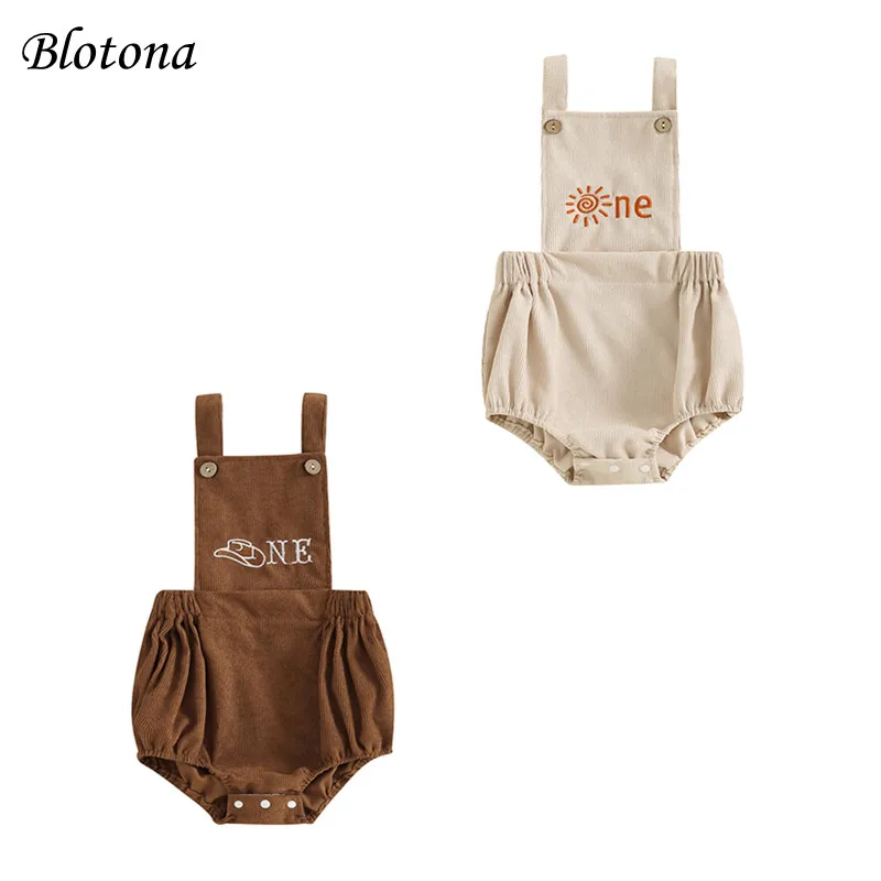 

Blotona Baby 1st Birthday Overalls Letter Embroidery Square Neck Sleeveless Corduroy Romper