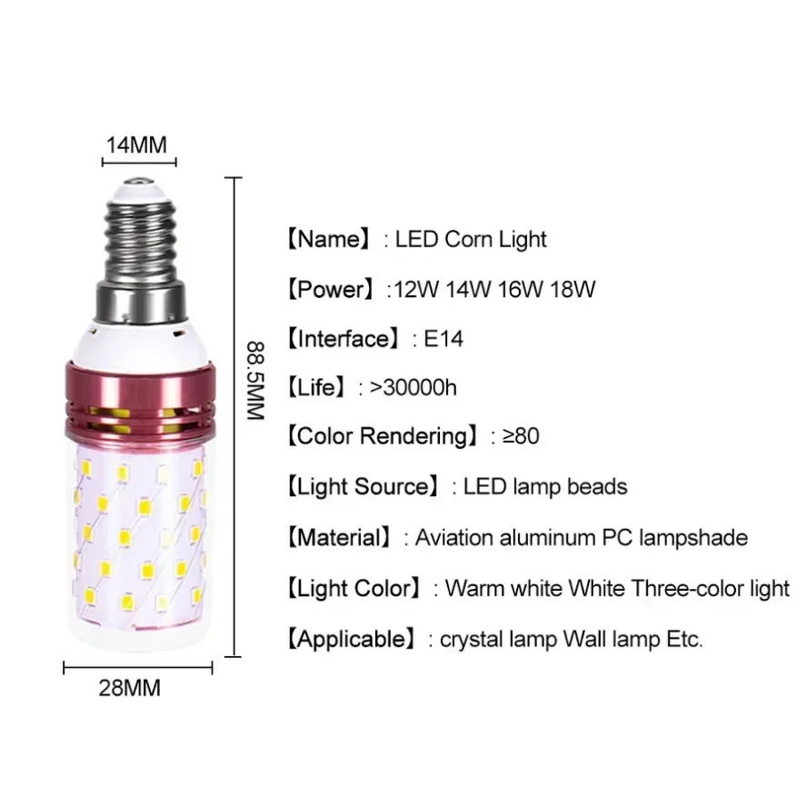 16/12W 85V-265V Led Corn Bulb Tri-color Light E14 Chandelier Candle Light E27 Lamp 2835 SMD Warm White 3000K Cool White 6500K