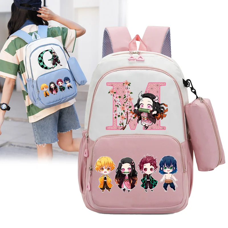 Conjunto de mochila Demon Slayer MKamado Nezuko para niña, mochila de alta capacidad, estuche para lápices para estudiantes, mochila escolar de dibujos animados, mochila para adolescentes, 2 uds., regalo