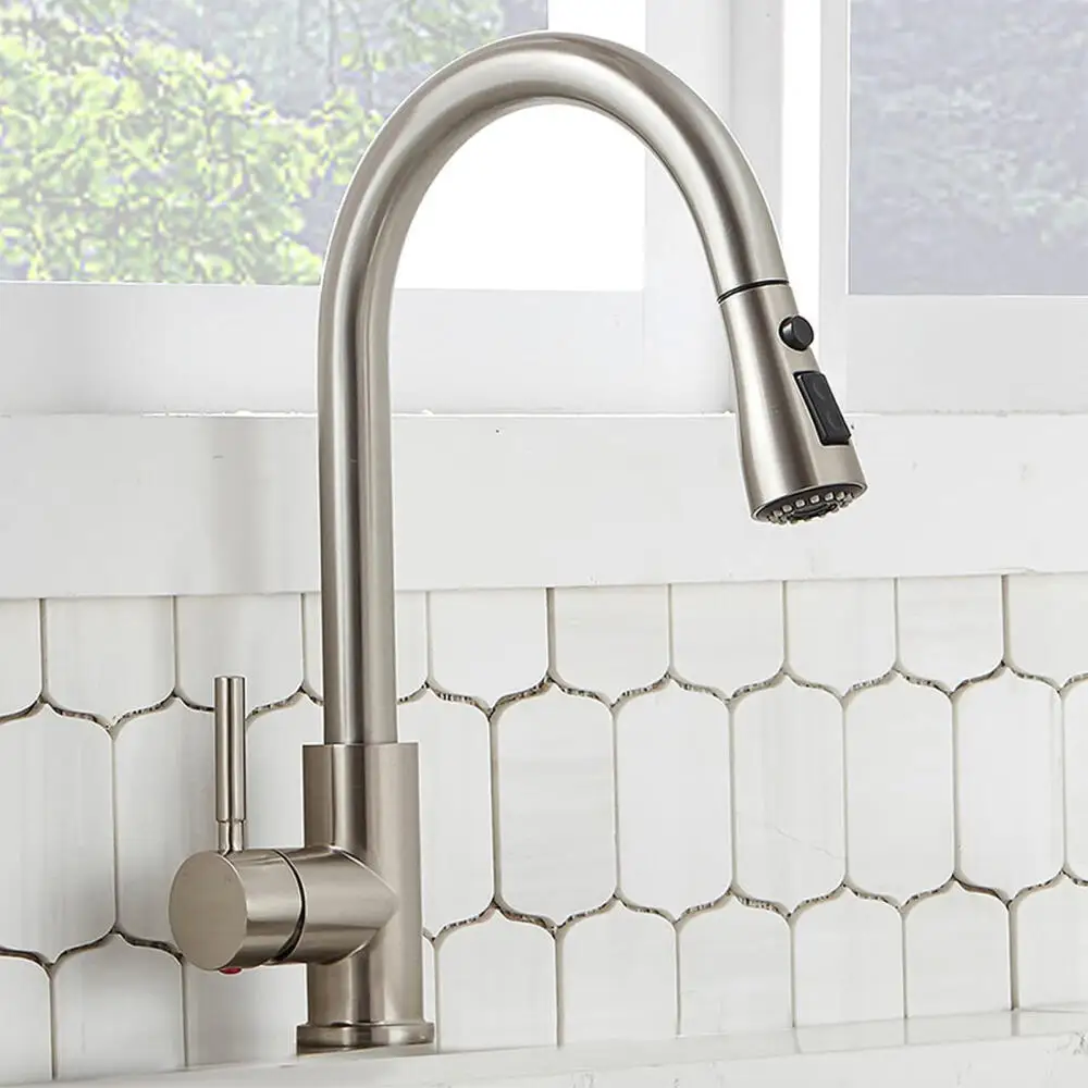 

Dual Mode Stainless Steel Pull-Down Kitchen Faucet, Single Handle Sink Mixer Tap with Stream and Spray Function