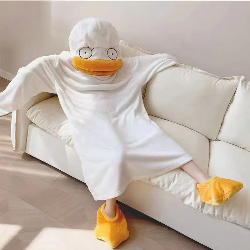 Unisex Funny Cosplay Gintama Elizabeth Duck Onesies, Soft Flannel Hooded Sleepwear, Cartoon Duck Pajamas, Home Clothes, Winter