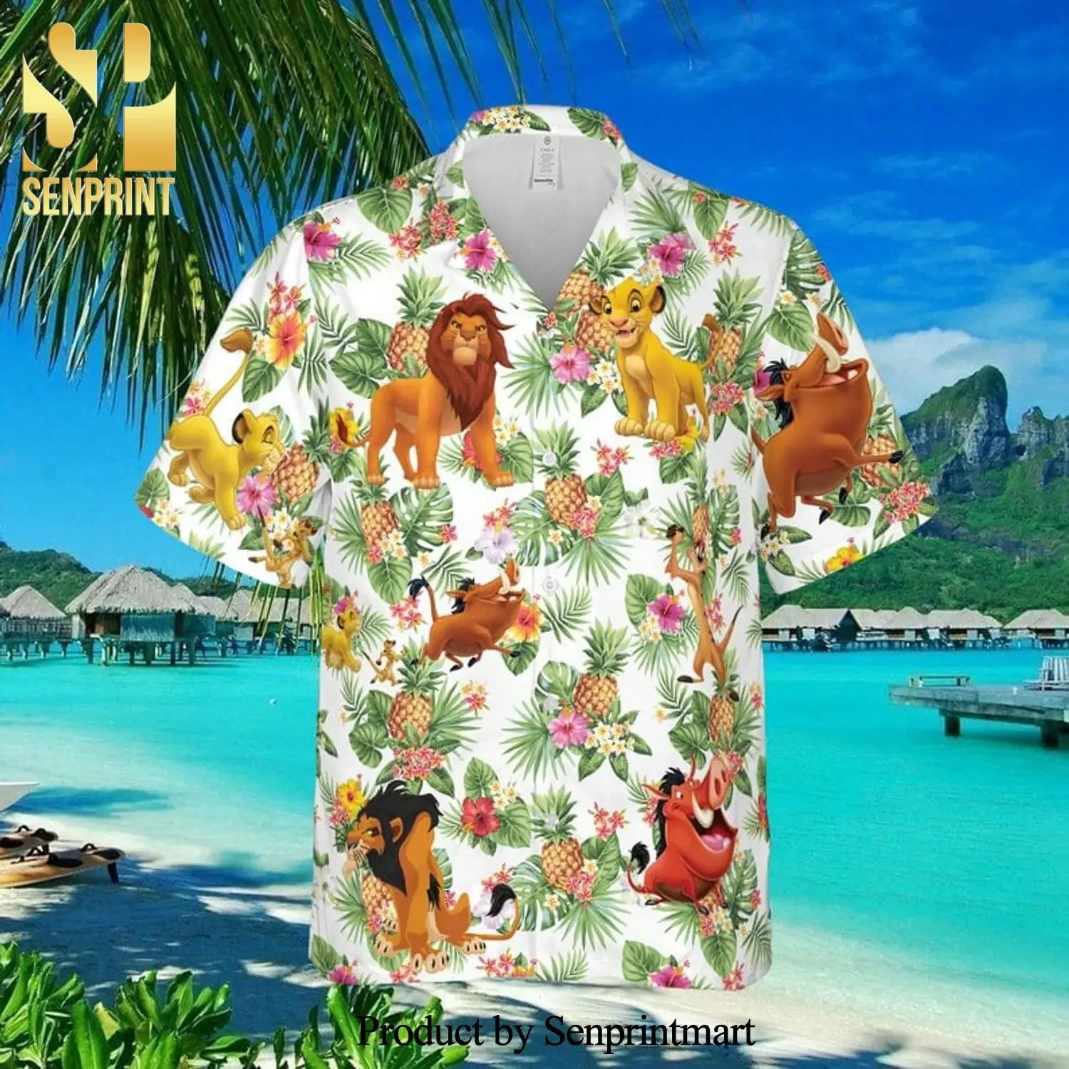 Simba, o rei leão, camisa havaiana, manga curta, blusa de botão, casual para praia, Disney, verão