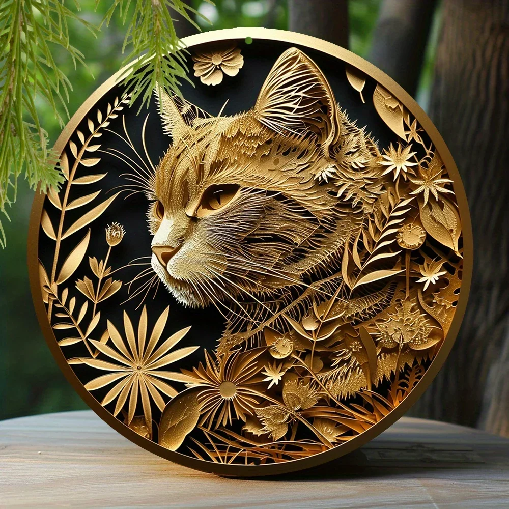 

Aluminum Tin Sign, Faux Foil Stamping Papercut Art Painting Round Wreath Decorative Sign Apartment Decor Cat Theme Decoration