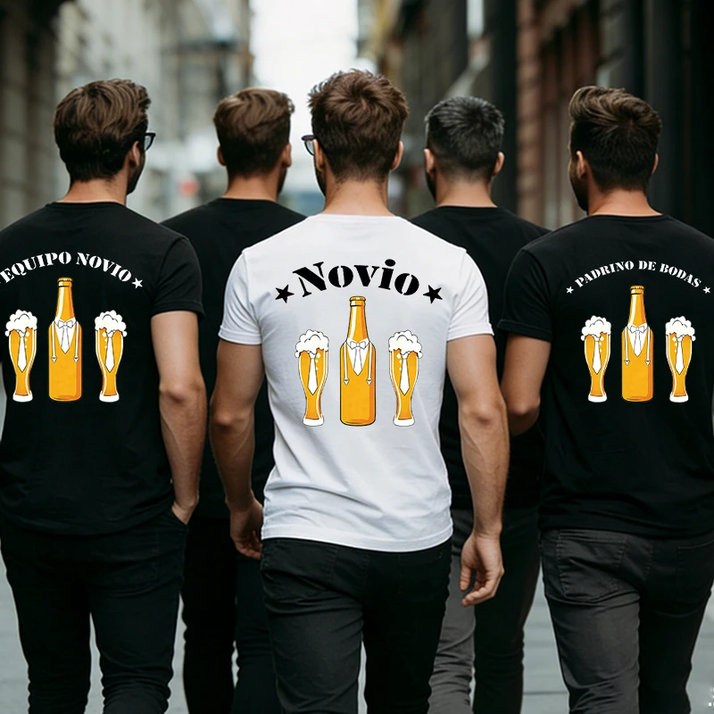 

Spanish Men Team Groom Squad Bachelor Party Single Farewell T-shirts Beer Bottle Graphic O Neck Short Sleeve Wedding Group Tees
