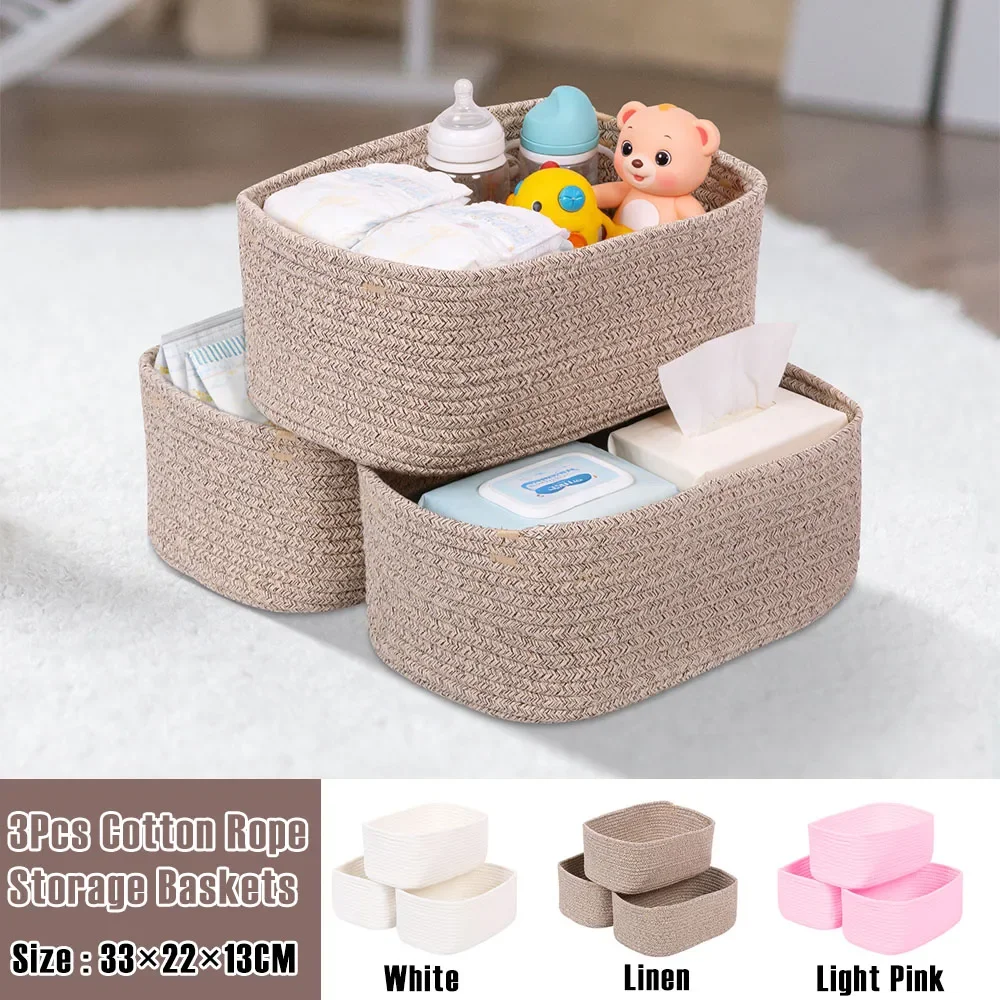 

3Pcs Cotton Rope Woven Storage Baskets Rectangle Closet Shelf Organizer with Hidden Handle Desktop Sundries Organize Basket