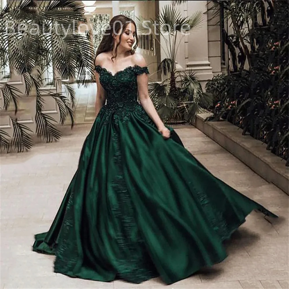 Evening Dress V-Neck Lace Appliques Elegant and Simple Fashion Off Shoulder For Woman Party Mop Dark Green Prom Dress De Soriee