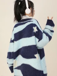 Korobov Stripe Contrasting Colors Cardigan Y2k Harajuku Style V Neck Oversized Sweater Single Breasted Korean Fashion Knitwears