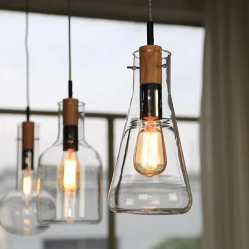 

Современный из прозрачного стекла лабораторная бутылка подвесной светильник DIY Украшение дома столовая Бар Кафе деревянная лампа E27 подвесной светильник