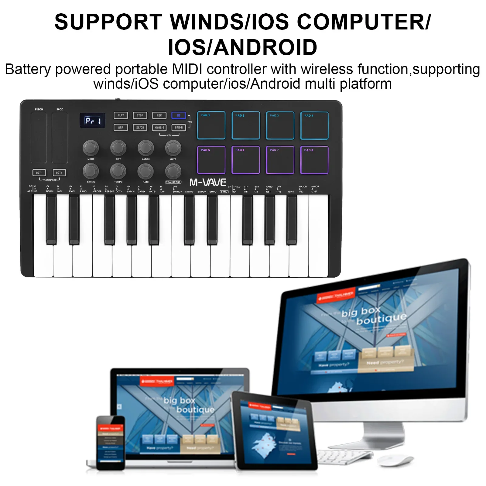 25-Key MIDI Control Keyboard Mini Portable USB Keyboard MIDI Controller with 25 Velocity Sensitive Keys 8 RGB Backlit Pads