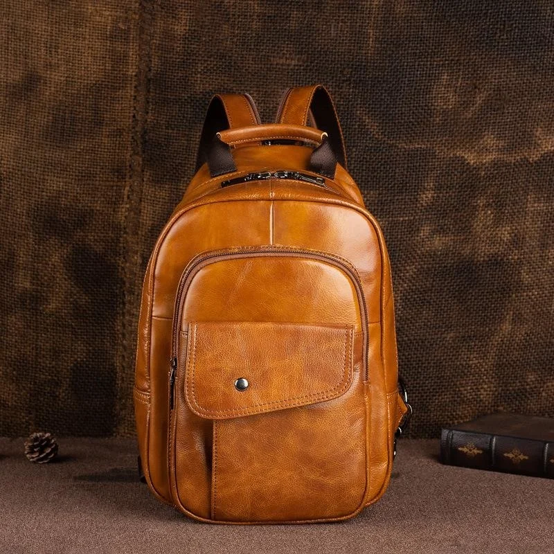 Men\'s Retro Mini Backpack 2024 New Genuine Leather Multifunctional Backpacks For Men Vintage Handmade Male Chest Bags