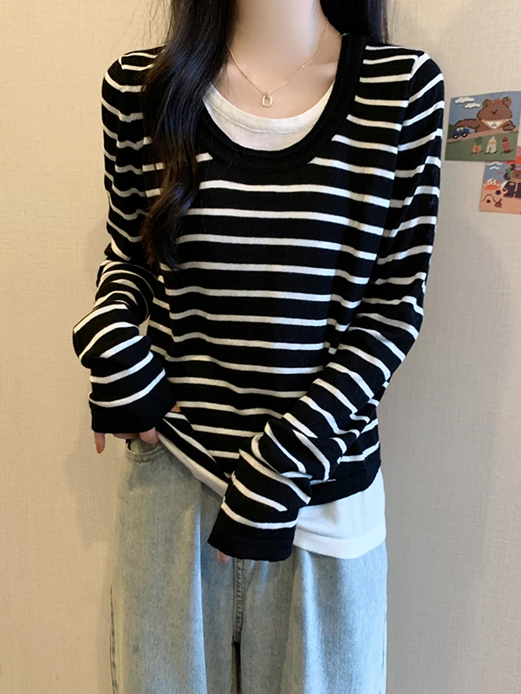 

Весна 2026: Женский длинный вязаный топ в полоску, облегающий, базовый слой, корейский стиль, стандартный крой, для дома и путешествий