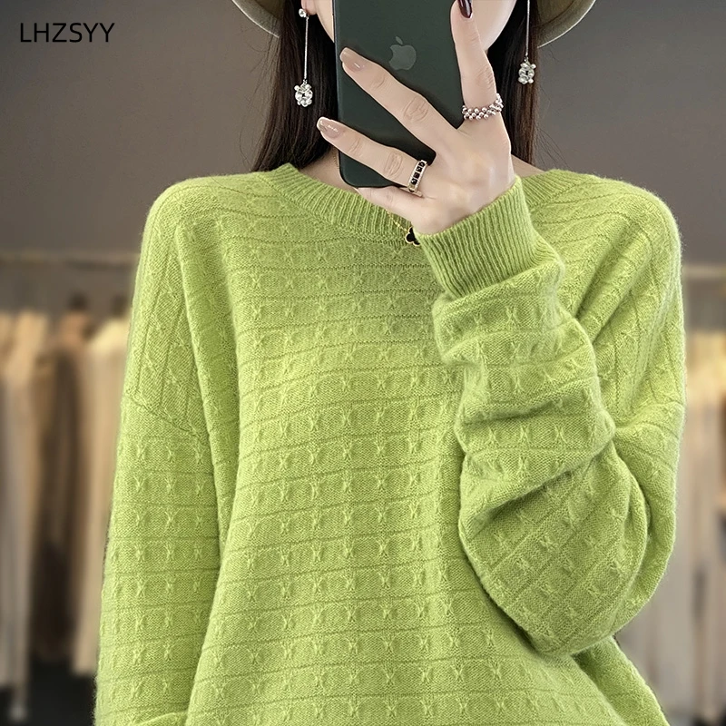 LHZSYY 2023Spring Autumn New Pure Wool Sweater Ladies O-Neck Loose Pullover Fashion Jacquard Knit Women Tops Cashmere Base Shirt